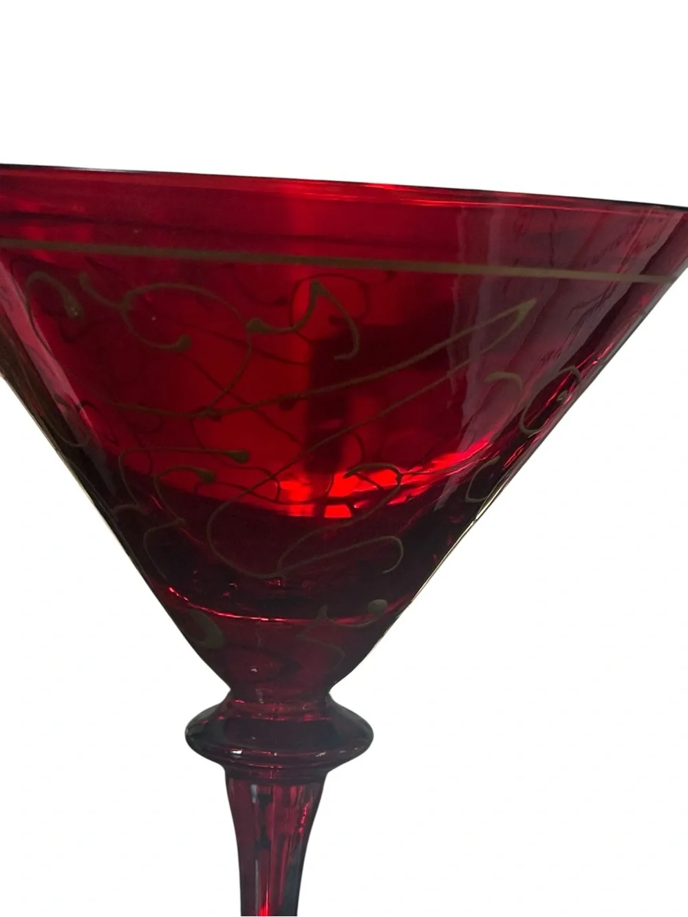 Ruby Red Martini Glasses Gold Scroll Swirl Set of 2 Cocktail Stemware